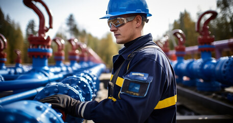 Male worker inspection at steel long pipes and pipe elbow in station oil factory during refinery valve of visual check record pipeline tank oil and gas. Generative AI.