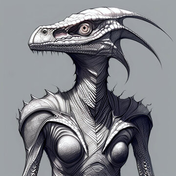 Portrait of a reptiloid. Anthropomorphic lizard man. Digital illustration.
