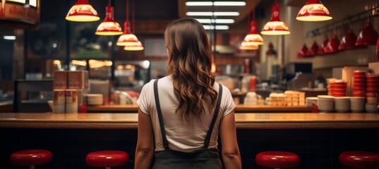 Fast food female waitress. Generative AI technology.