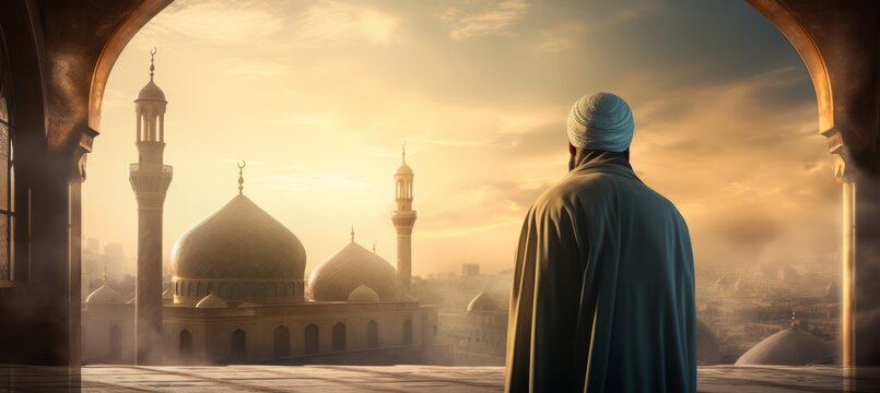 Muslim imam looking at beautiful mosque. Islam religion concept. Generative AI.	
