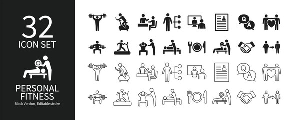 Icon set related to personal fitness gyms