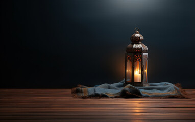 Obraz na płótnie Canvas Side view of Ramadan lantern with prayer rug in dark floor, lanterns in isolated background