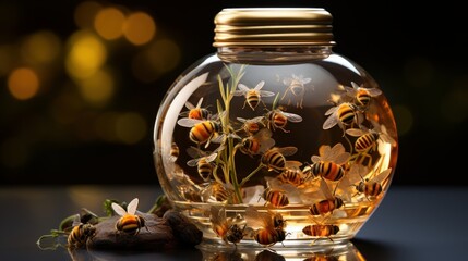 A cute lilly honey bottle with bee sat inside of a glass ball, in the style of uhd image, precisionist art,  - obrazy, fototapety, plakaty