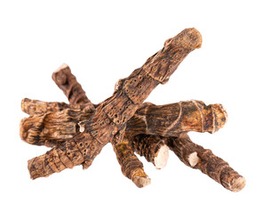 Calamus root isolated on white background. Sweet flag, sway or muskrat root, vasambu. Dry root of Acorus calamus.