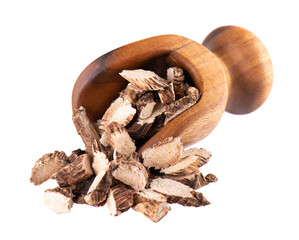 Calamus root in wooden scoop, isolated on white background. Sweet flag, sway or muskrat root. Dry root of Acorus calamus.
