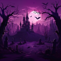 Scary abandoned castle in a dark forest, Halloween. Generative AI