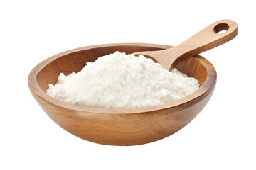 a flour-coated spoon within a wooden bowl brimming with rice or wheat flour on transparent or white background, PNG