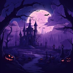 Scary abandoned castle in a dark forest, Halloween. Generative AI