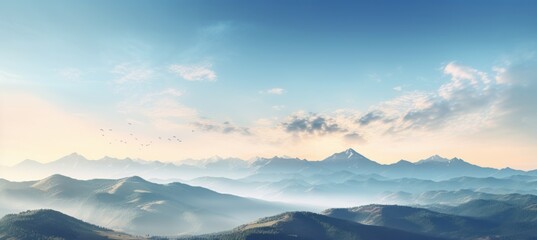 Morning mountains nature panoramic landscape background. Generative AI technology.	