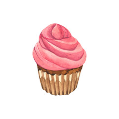 Watercolor dessert muffin with cream, cupcake cream from strawberry. Hand-drawn illustration isolated on white background. Perfect food menu, food drawing, design packing, bakery, cooking, tea party