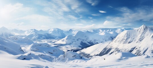 Fototapeta na wymiar Snow covered mountains valley background. Generative AI technology.
