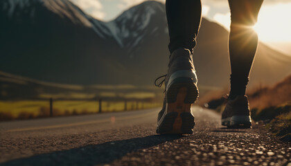 Close - up of the legs of a walking person on the road against the background of the mountins and sun rear view
