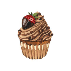 Watercolor dessert cupcake with strawberry, whipped chocolate chip muffin in wax liner. Hand-drawn illustration isolated on white background. Perfect food menu, food drawing, design packing, print
