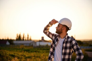 Touching the hard hat. Man is outdoors against sunset light. Rural scene