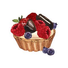 Watercolor dessert with wildberries, baked tart with raspberry, blueberry and strawberry. Hand-drawn illustration isolated on white background. Perfect food menu, food drawing, design packing, print