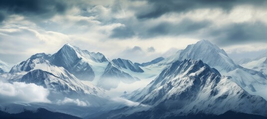 Fototapeta na wymiar Panoramic snow mountains landscape background. Generative AI technology.