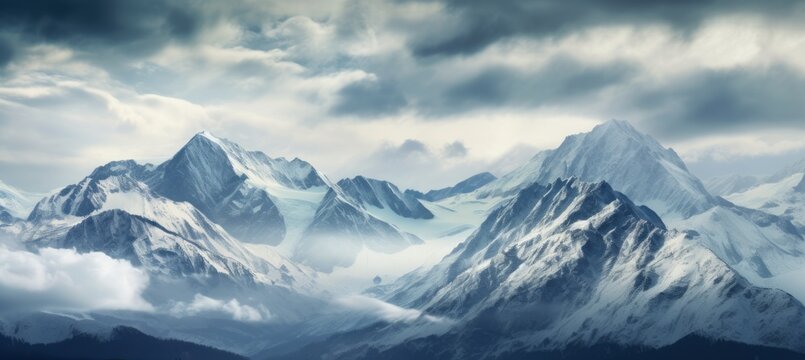 Panoramic snow mountains landscape background. Generative AI technology.