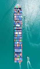 Top view of Cargo container Ship, cargo vessel ship carrying container and running for import export concept technology freight shipping sea freight by Express Ship.