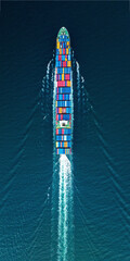 Cargo container Ship, cargo maritime ship with contrail in the ocean ship carrying container and running for export  concept technology freight shipping sea freight by Express Ship. top view