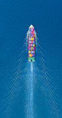 Aerial top view of cargo maritime ship with contrail in the ocean ship carrying container and running for export  concept technology freight shipping sea freight by Express Ship