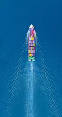 Fotobehang Shanghai Aerial top view of cargo maritime ship with contrail in the ocean ship carrying container and running for export  concept technology freight shipping sea freight by Express Ship