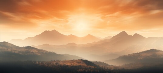 Fototapeta na wymiar Misty sunrise mountains landscape background. Generative AI technology.