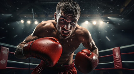 Close up action shot of determined boxer throwing a powerful punch in the boxing ring