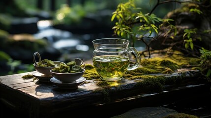 Flowing water, moss on stones, green leaves, transparent teacups Pale yellow tea