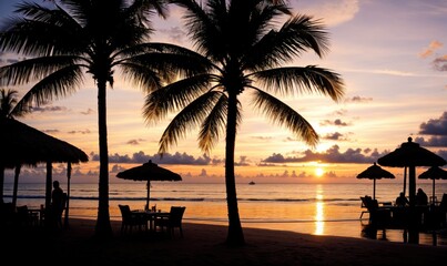 Bar/Restaurant on the tropical beach at sunset