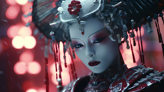 Photo of a geisha robot. Intricate details. Photorealistic portrait, close-up.