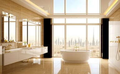 Modern millionaire billionaire mansion bath room with Dubai city view. 3D Rendering, 3D Illustration