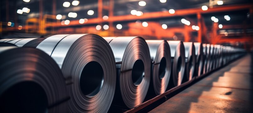 Steel coil roll at factory. Metallurgy industry plant. Generative AI technology.