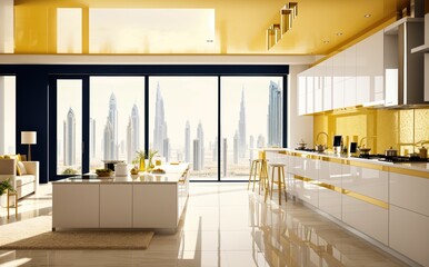 Modern millionaire billionaire mansion kitchen with Dubai city view. 3D Rendering, 3D Illustration