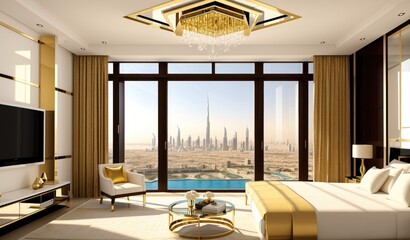 Modern millionaire billionaire mansion bed room with Dubai city view. 3D Rendering, 3D Illustration