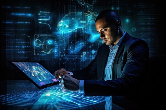 Businessman studying a tablet screen photo realistic illustration - Generative AI.