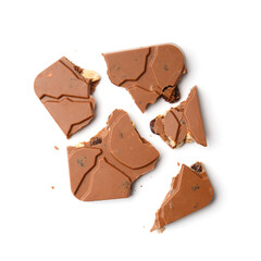 Broken chocolate, isolated on white background, top view, flat lay