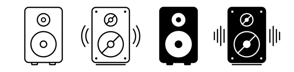 Speaker icon set. Hi-fi speaker, loudspeaker, woofer symbol. Playing music with speaker unit . Vector illustration
