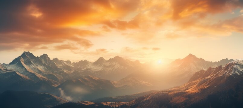 Sunrise mountains landscape background. Generative AI technology.