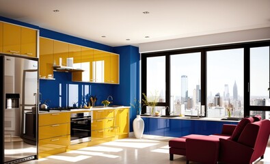 modern kitchen interior with city view