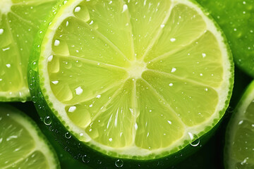 Ripe lime slice with water drops. Close up
