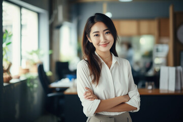 Young beautiful aisan businesswoman standing infront of her working dress in office