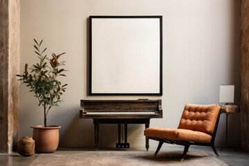 Interior design one empty poster frame next to a grand piano. Generative AI