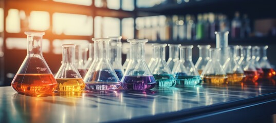 glass flasks at blurred laboratory. Technology science research concept. Generative AI technology.