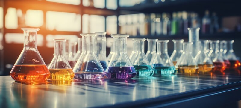glass flasks at blurred laboratory. Technology science research concept. Generative AI technology.