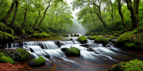 Natural river landscape surrounded by mossy rocks in the forest