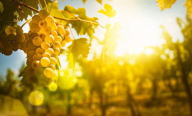 Ripe grapes in a vineyard with sun-flare