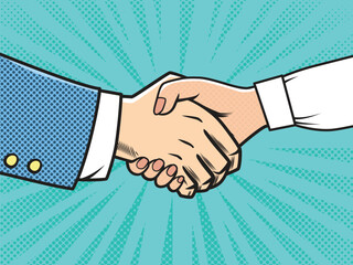Woman and man handshake. Gender cooperation. Pop art vintage Vector illustration