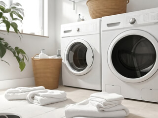 Modern washing machine and laundry basket near white wall, text space. Bathroom interior. ai generated