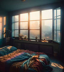 Cozy Bedroom with a big window - Generative ai, üretken yapay zeka