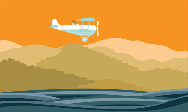 illustration of an airplane flying over mountain landscape